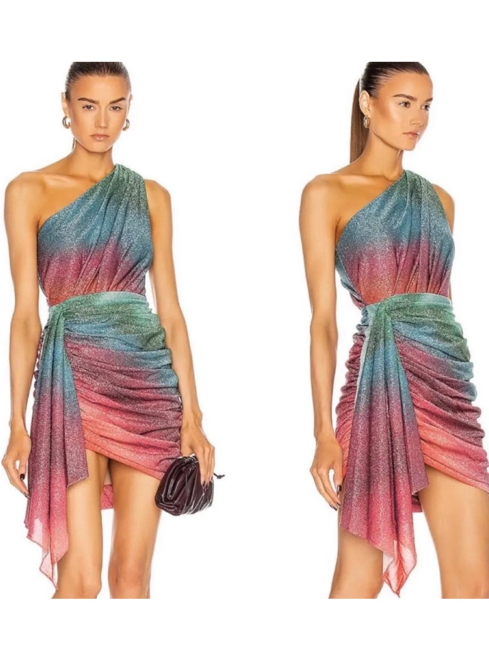 PatBO One-Shoulder Metallic Ombre Mini Dress in Green, Blue & Pink - Picture 3 of 11